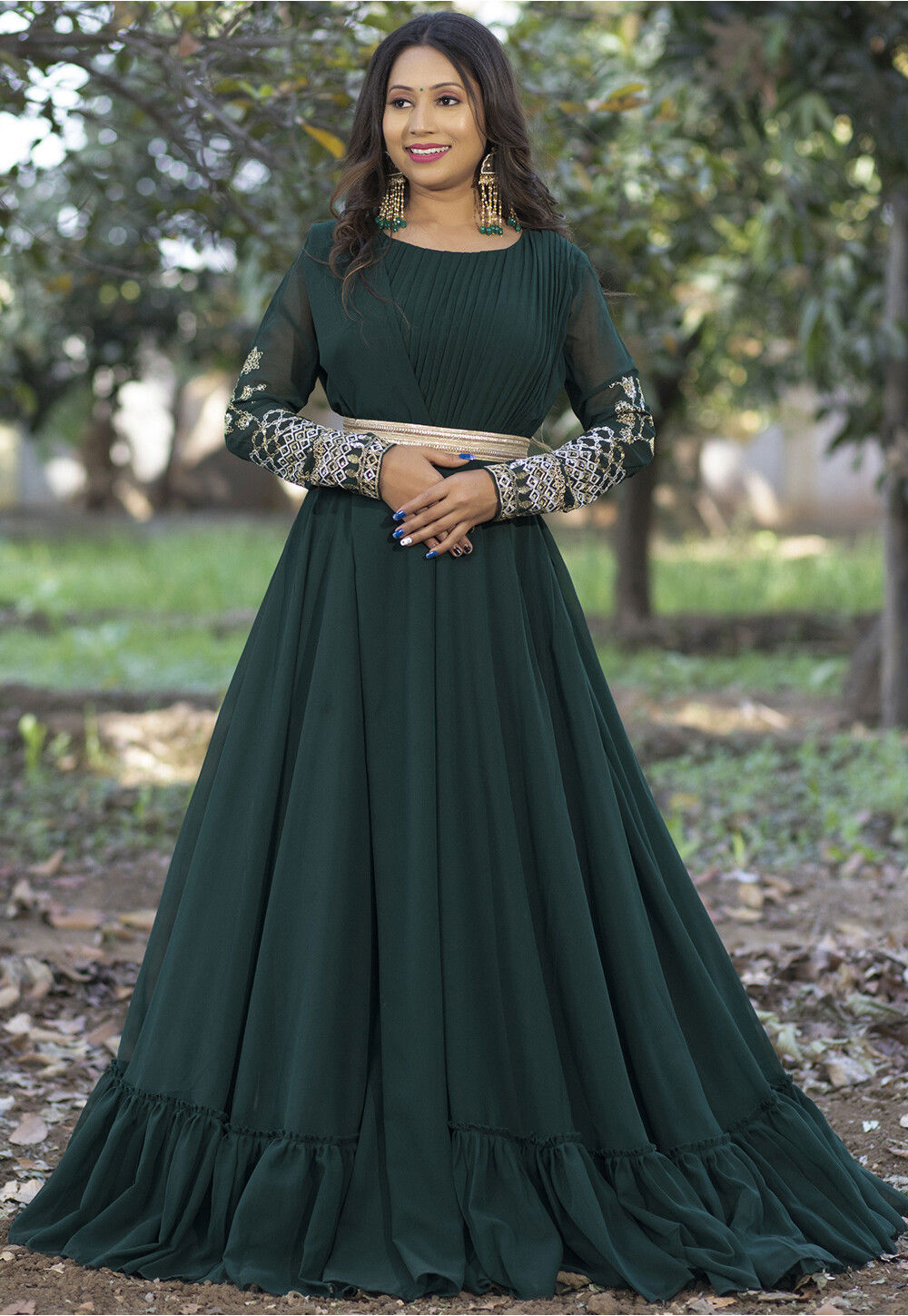 Buy Green Embroidered Faux Georgette Designer Gown Online