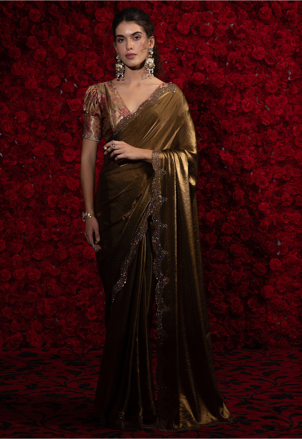 Olive Fancy Tissue Silk Ready to wear/Easy Saree