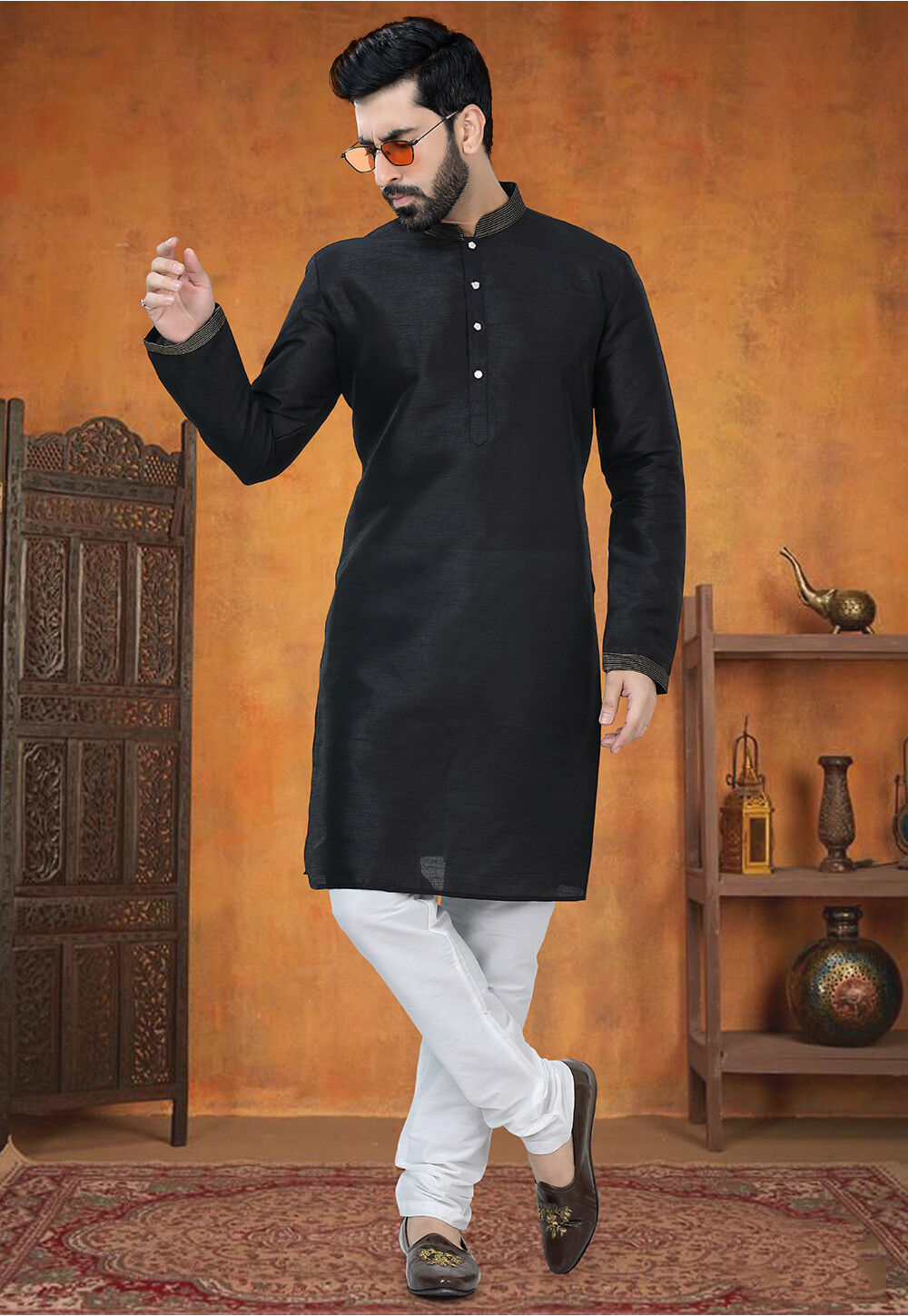Embellished Trims Art Silk Kurta Set in Black Kurta Pyjama