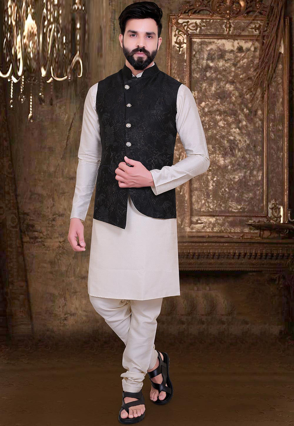 Men's Silk Blend Off White Kurta Pyjama & Teal Blue Nehru jacket Combo -  Sojanya | White kurta, Collar styles, Mandarin collar