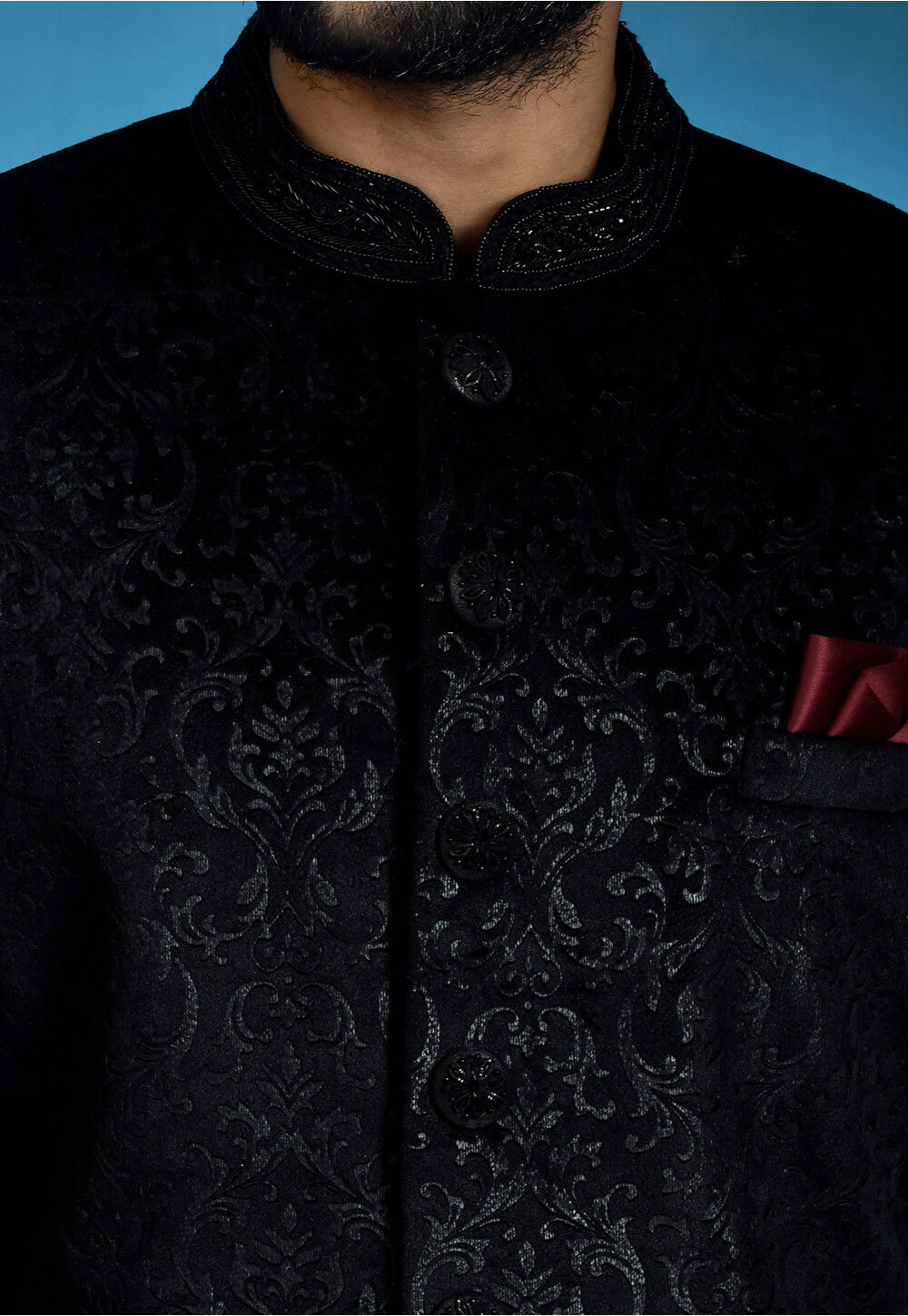 Buy Embossed Velvet Sherwani in Black Online MDY499 Utsav Fashion