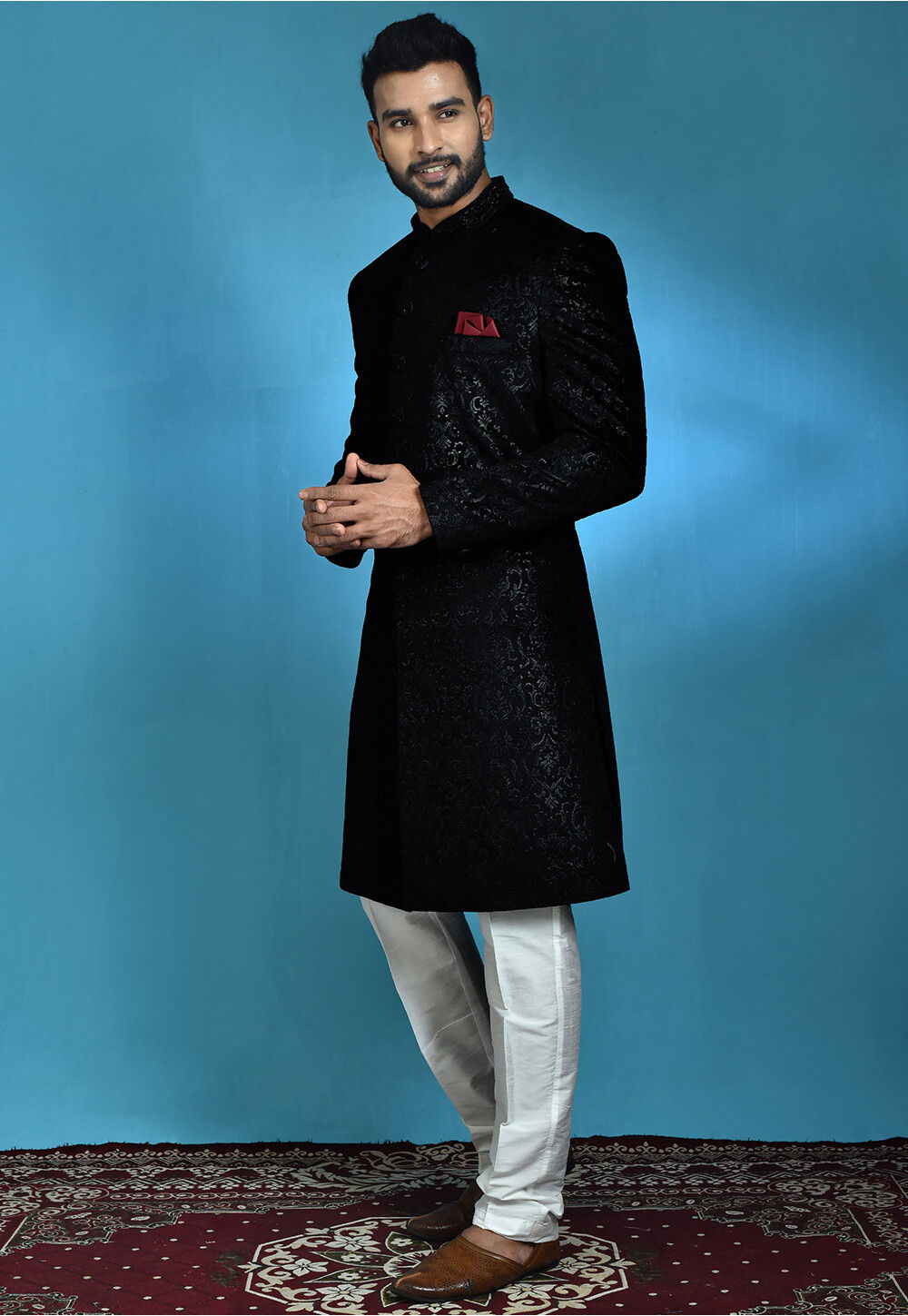 Buy Embossed Velvet Sherwani in Black Online MDY499 Utsav Fashion