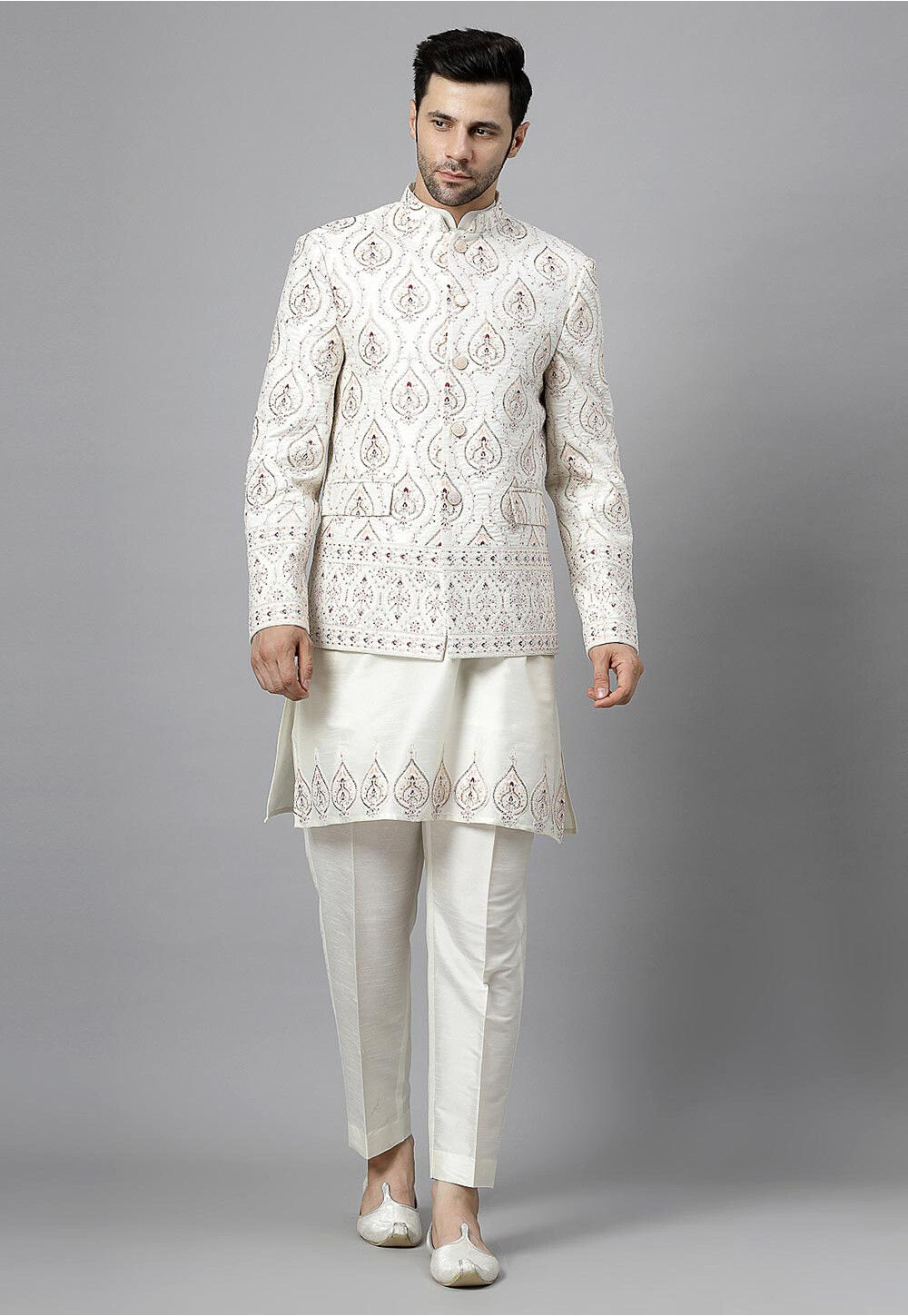 Dupion Silk Short Kurta in off White colour