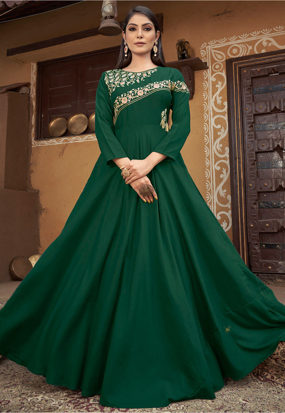 Embroidered Art Muslin Silk Flared Gown in Green : TPA