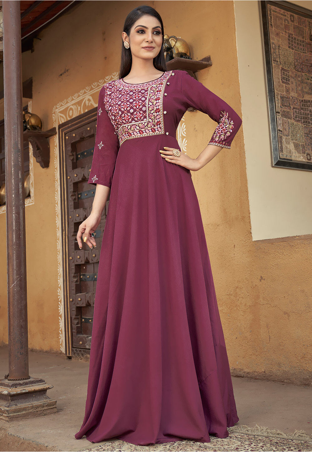 Maroon silk gown clearance