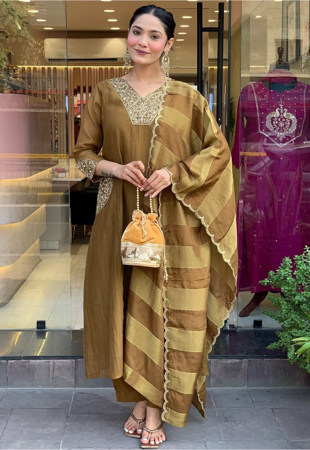 Line Patterned Suit Buy Embroidered Art Silk A Line Suit in Brown Online : KJC6468 - Utsav ...