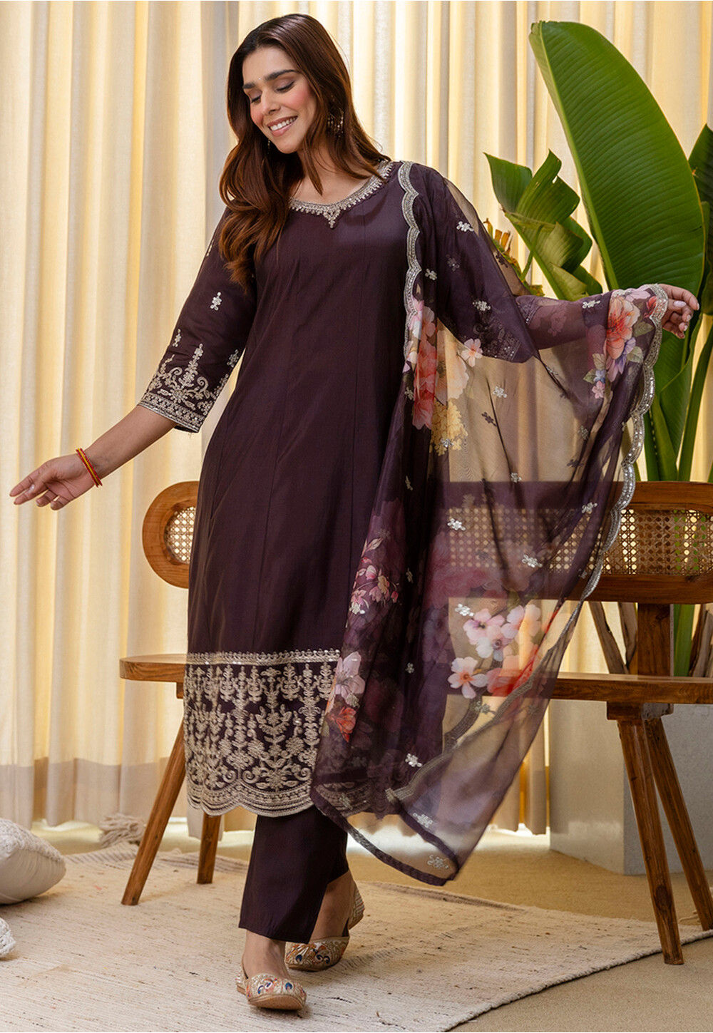 Line Patterned Suit Buy Embroidered Art Silk A Line Suit in Dark Brown Online : KBNQ7715 ...