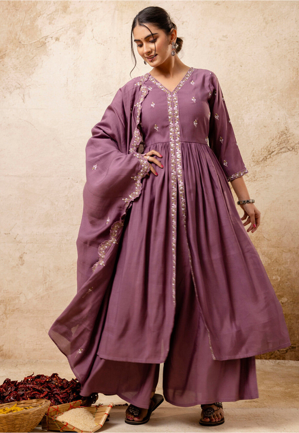 Purple Readymade Embroidered Silk Suit main image 1