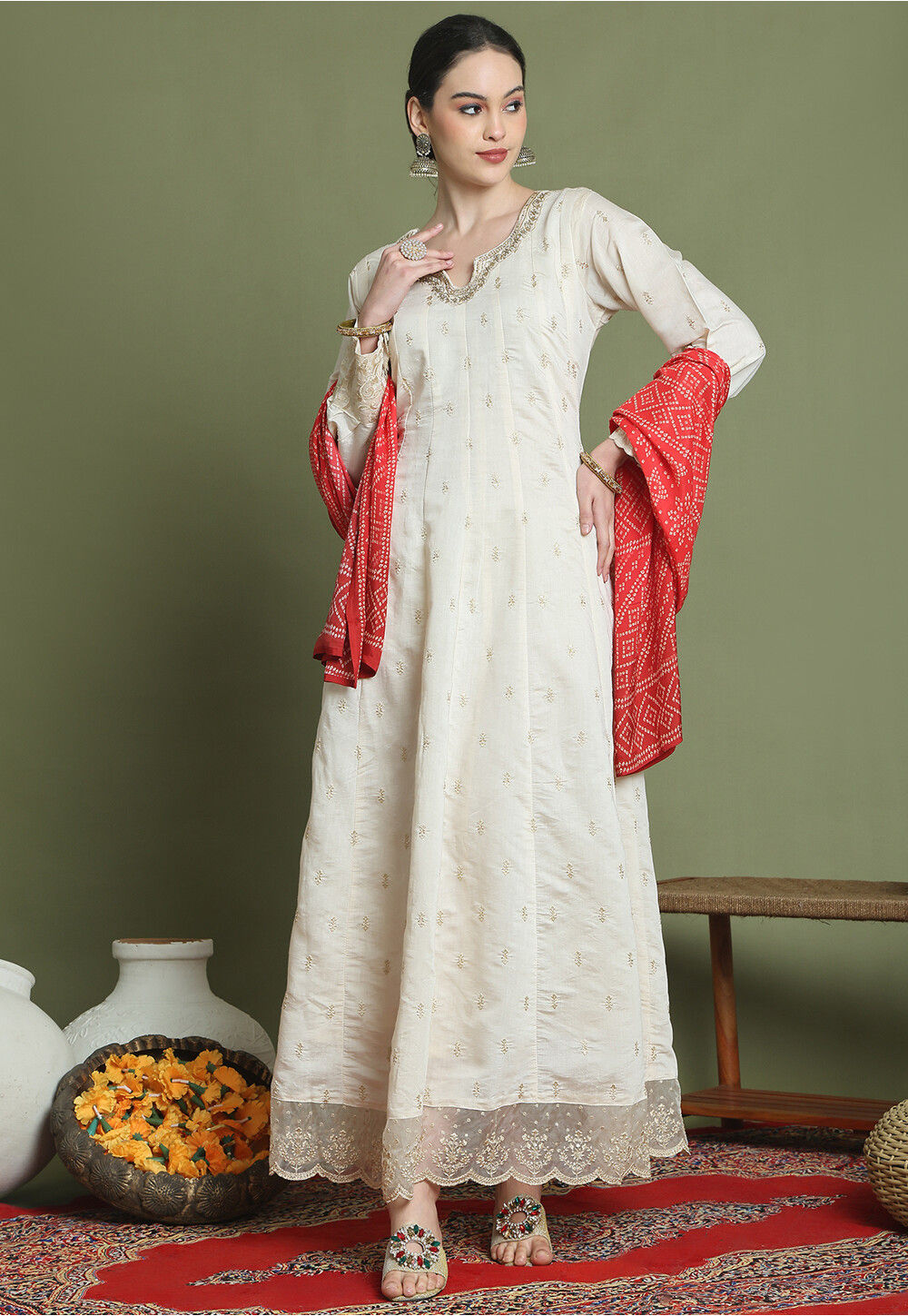 Embroidered Art Silk Abaya Style Suit in Cream Salwar Kameez