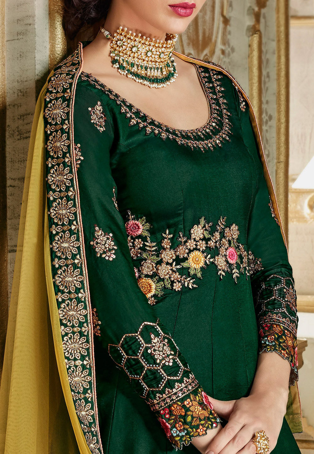 Buy Embroidered Art Silk Abaya Style Suit in Dark Green Online ...
