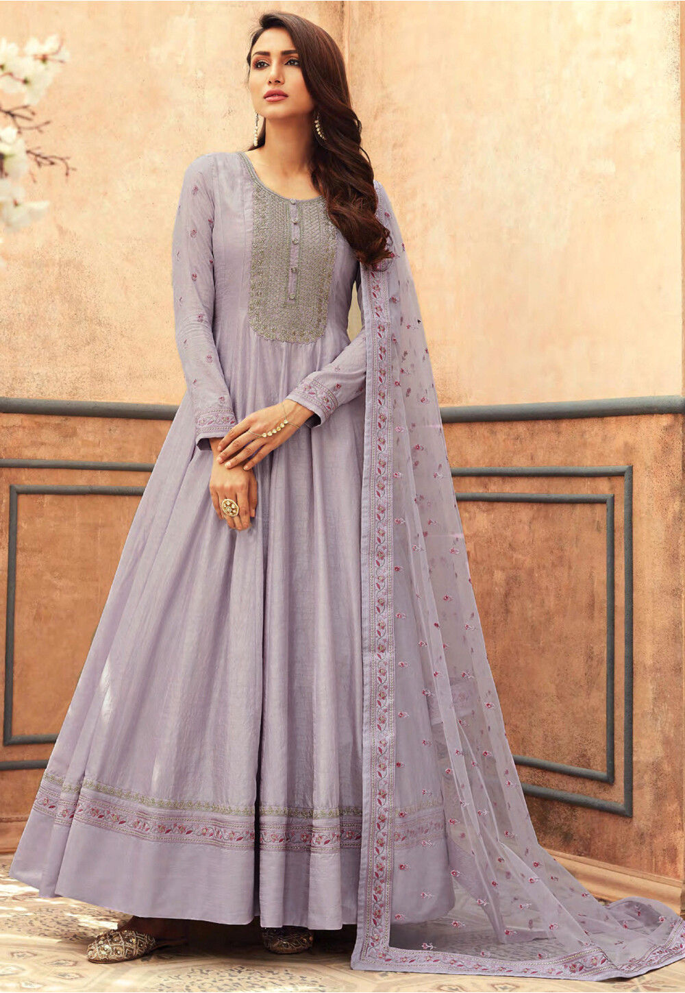 Embroidered Art Silk Abaya Style Suit in Lilac : KCH7594