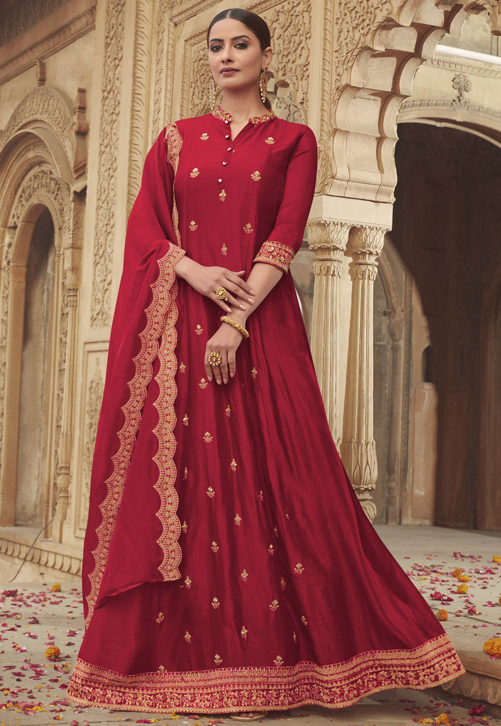 Embroidered Art Silk Abaya Style Suit in Maroon : KCH6711