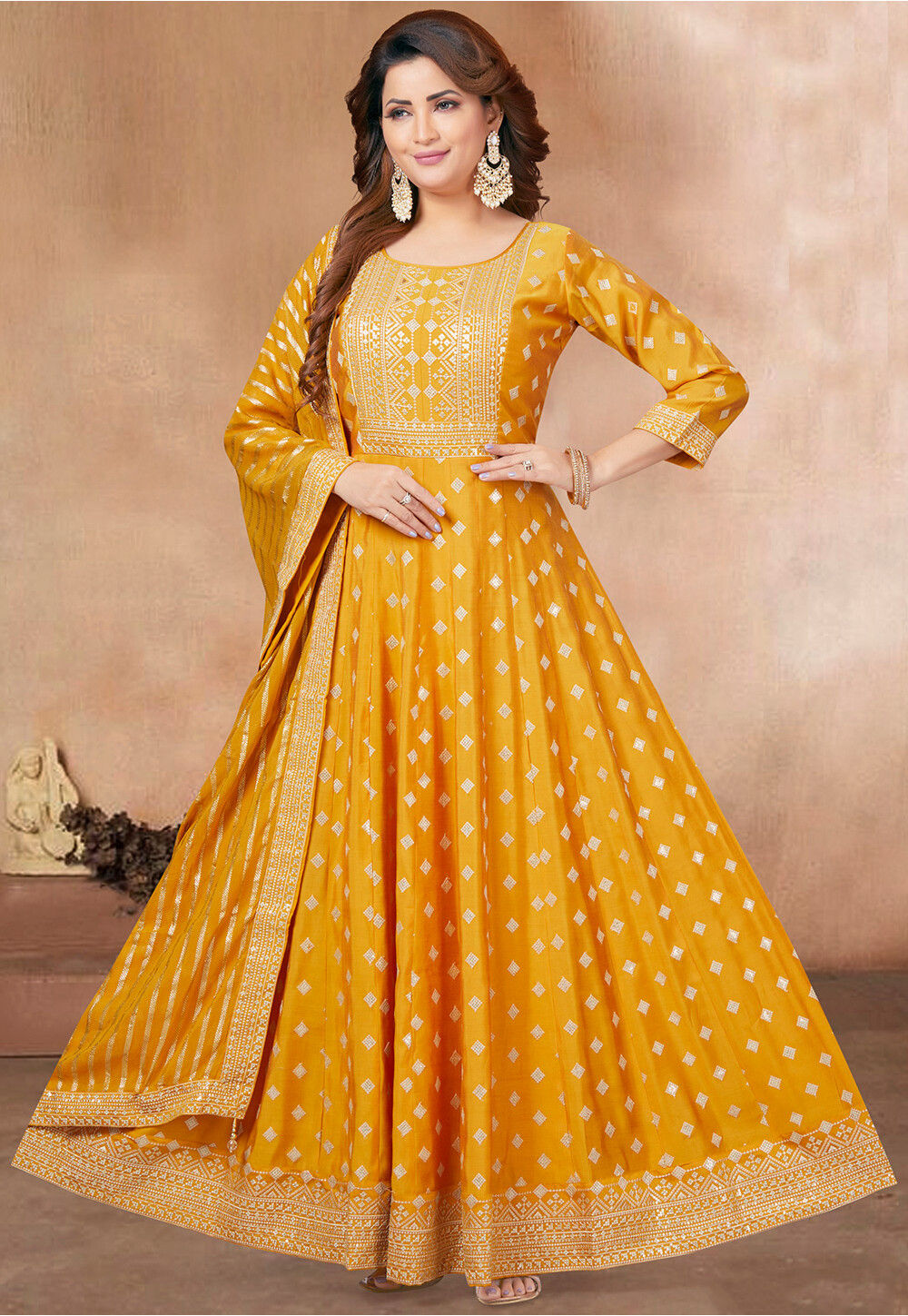 Embroidered Art Silk Abaya Style Suit in Mustard Yellow Salwar Kameez