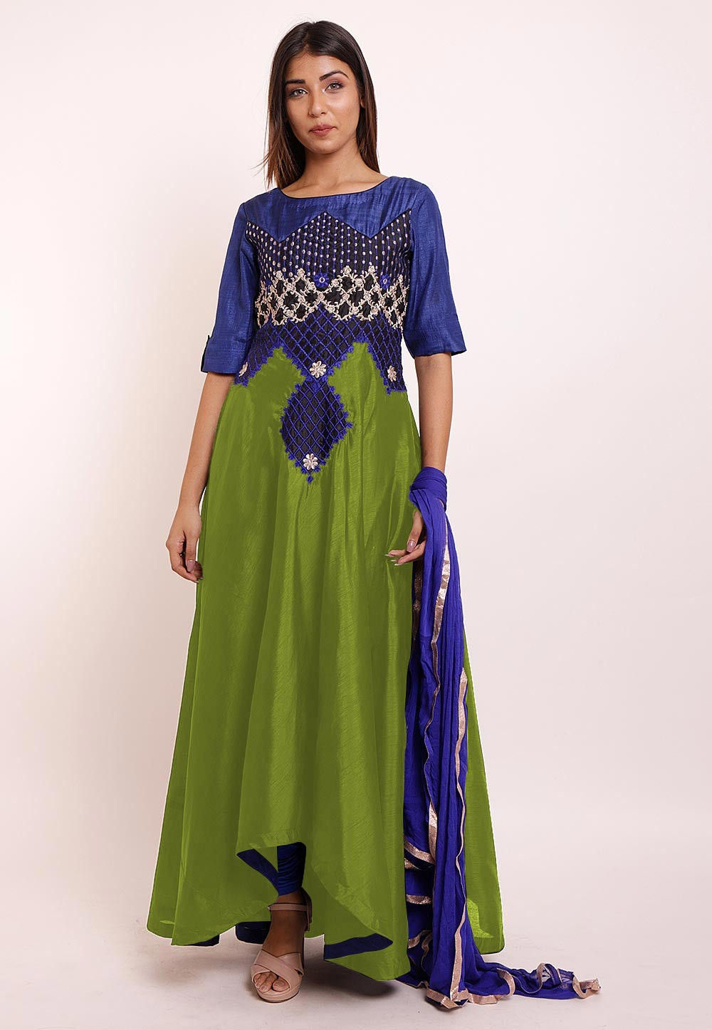 Buy Embroidered Art Silk Abaya Style Suit in Olive Green and Royal Blue ...