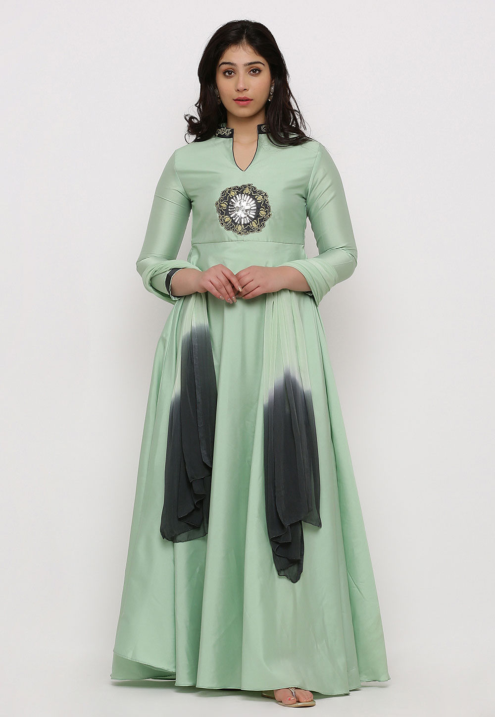 Embroidered Art Silk Abaya Style Suit in Pastel Green Salwar Kameez