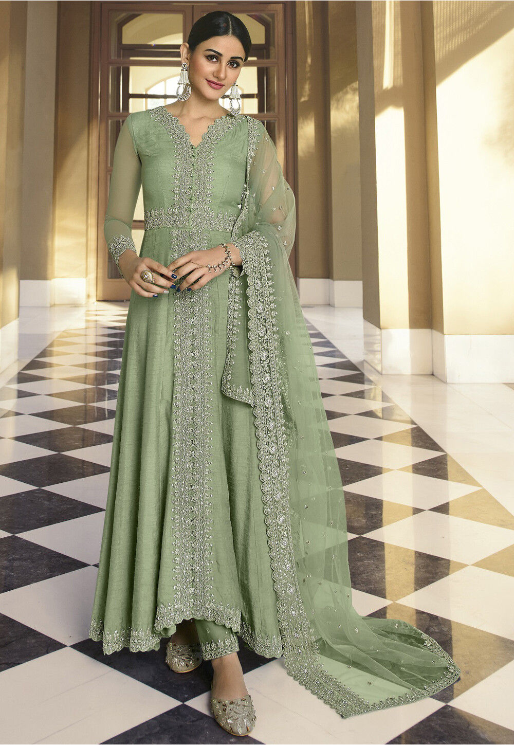 Buy Embroidered Art Silk Abaya Style Suit in Pastel Green Online ...