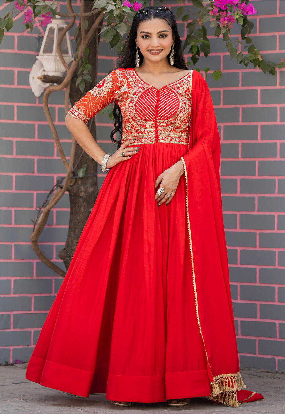 Embroidered Art Silk Abaya Style Suit in Red Salwar Kameez