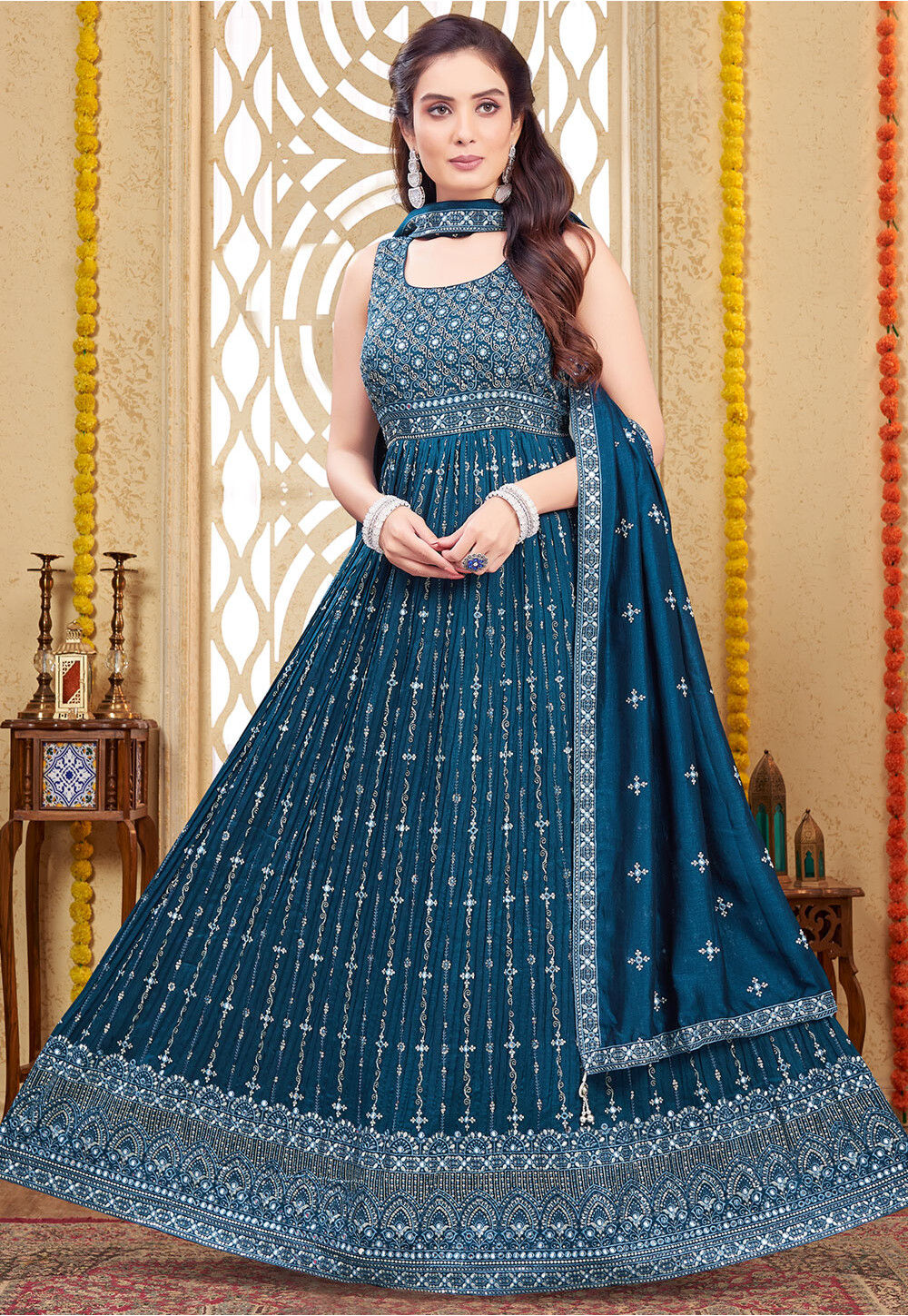 Embroidered Art Silk Abaya Style Suit in Teal Blue Blue Salwar Kameez