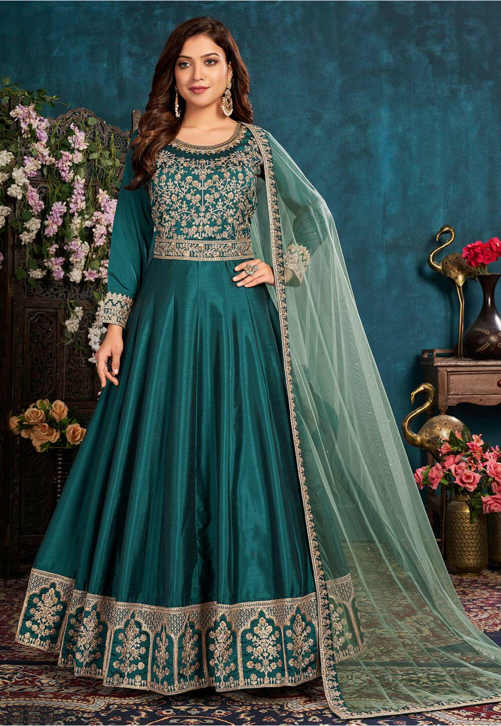 Embroidered Art Silk Abaya Style Suit in Teal Green : KCH8285