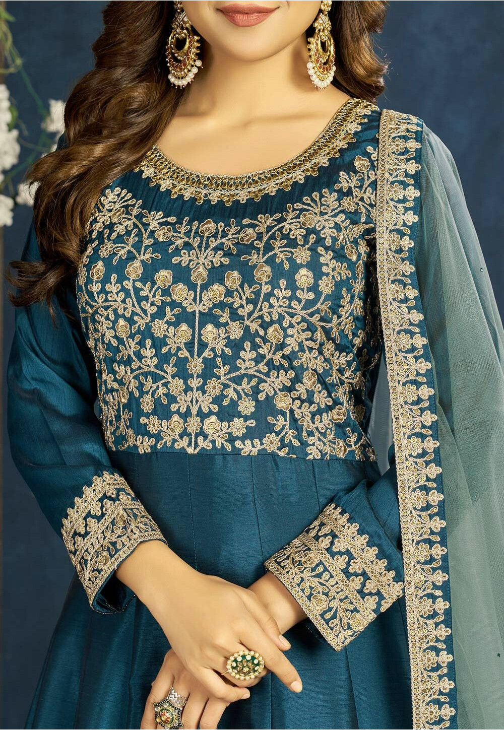 Embroidered Art Silk Abaya Style Suit in Teal Green : KCH8285