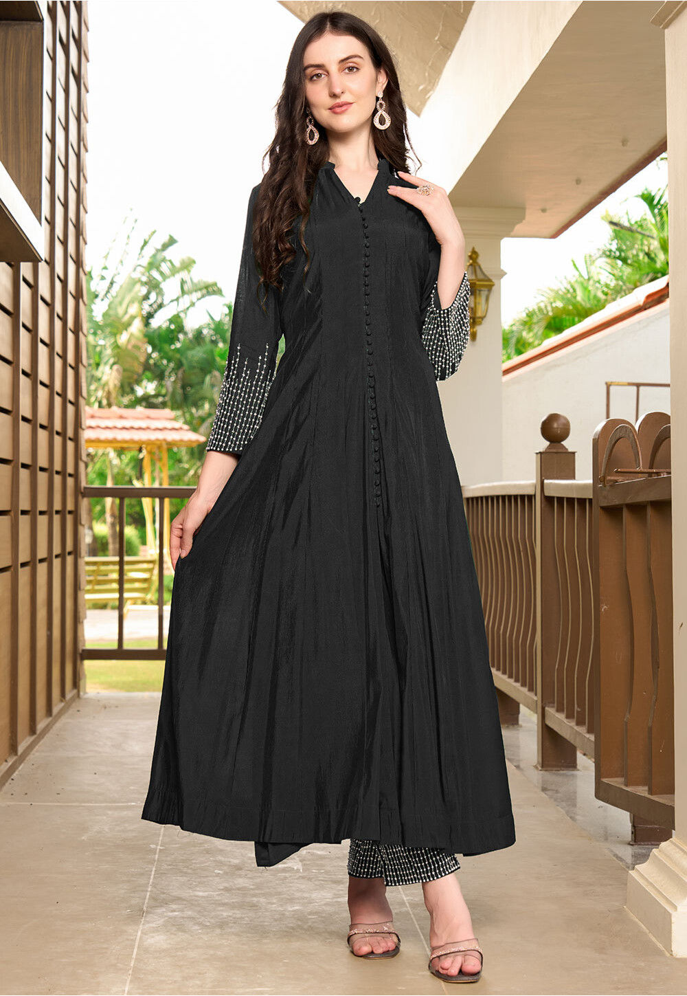 Anarkali Hand Crafted Kurta Set with Jeweled Neckline