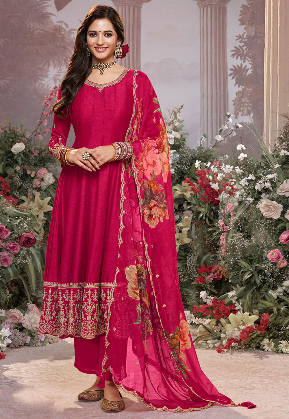 Buy Embroidered Art Silk Anarkali Suit in Fuchsia Online : KKE261 ...