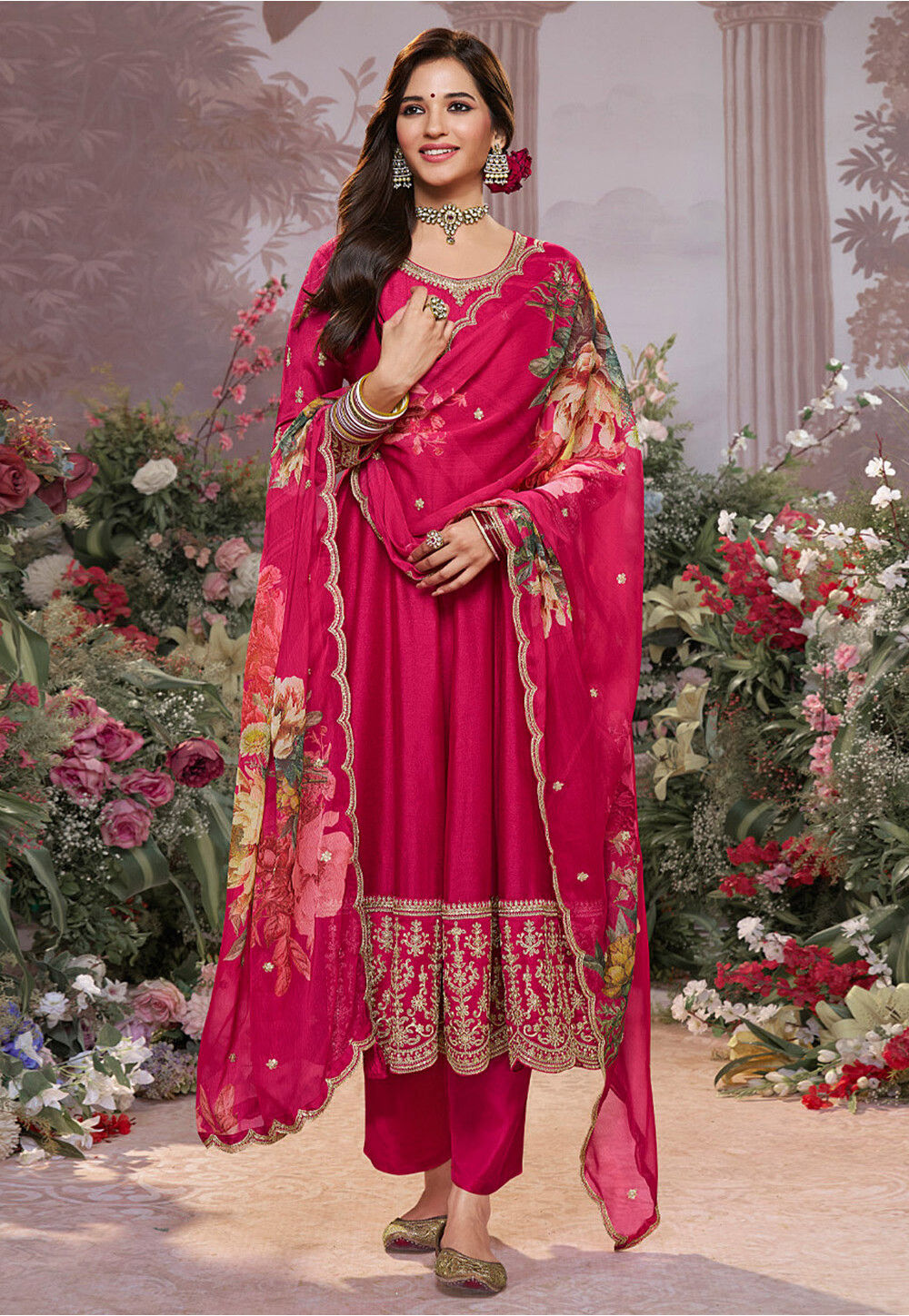 Buy Embroidered Art Silk Anarkali Suit in Fuchsia Online : KKE261 ...