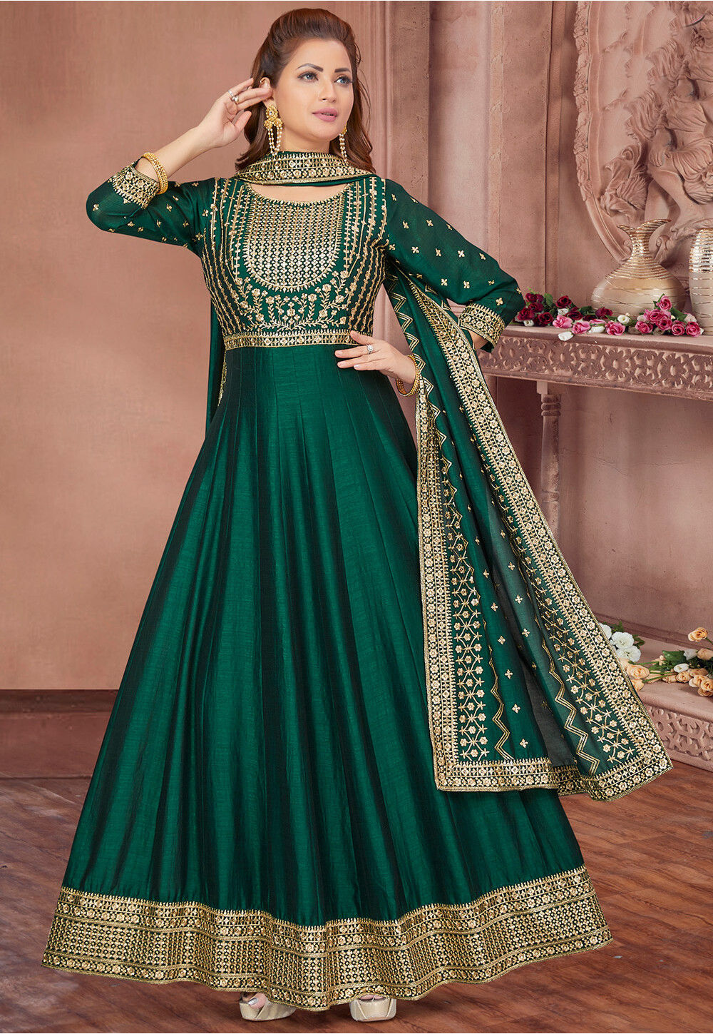 Party Wear Dark Green Color Embroidered Anarkali Salwar Suit In Fancy Fabric