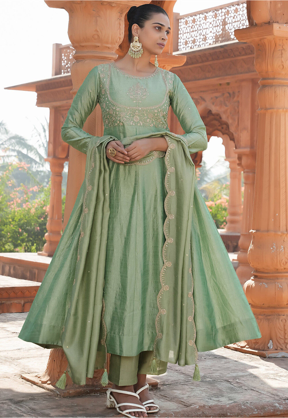 green emerald velvet dress Green Embroidered Silk Anarkali main image 0