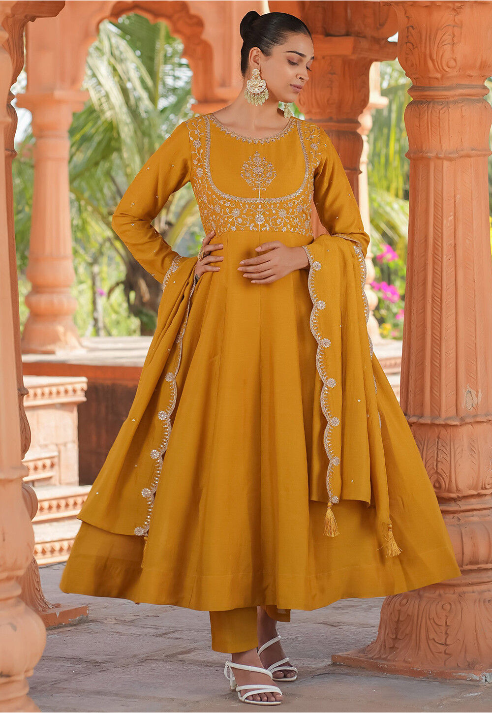 Yellow Art Silk Fabric Indian Embroidered Anarkali Suit