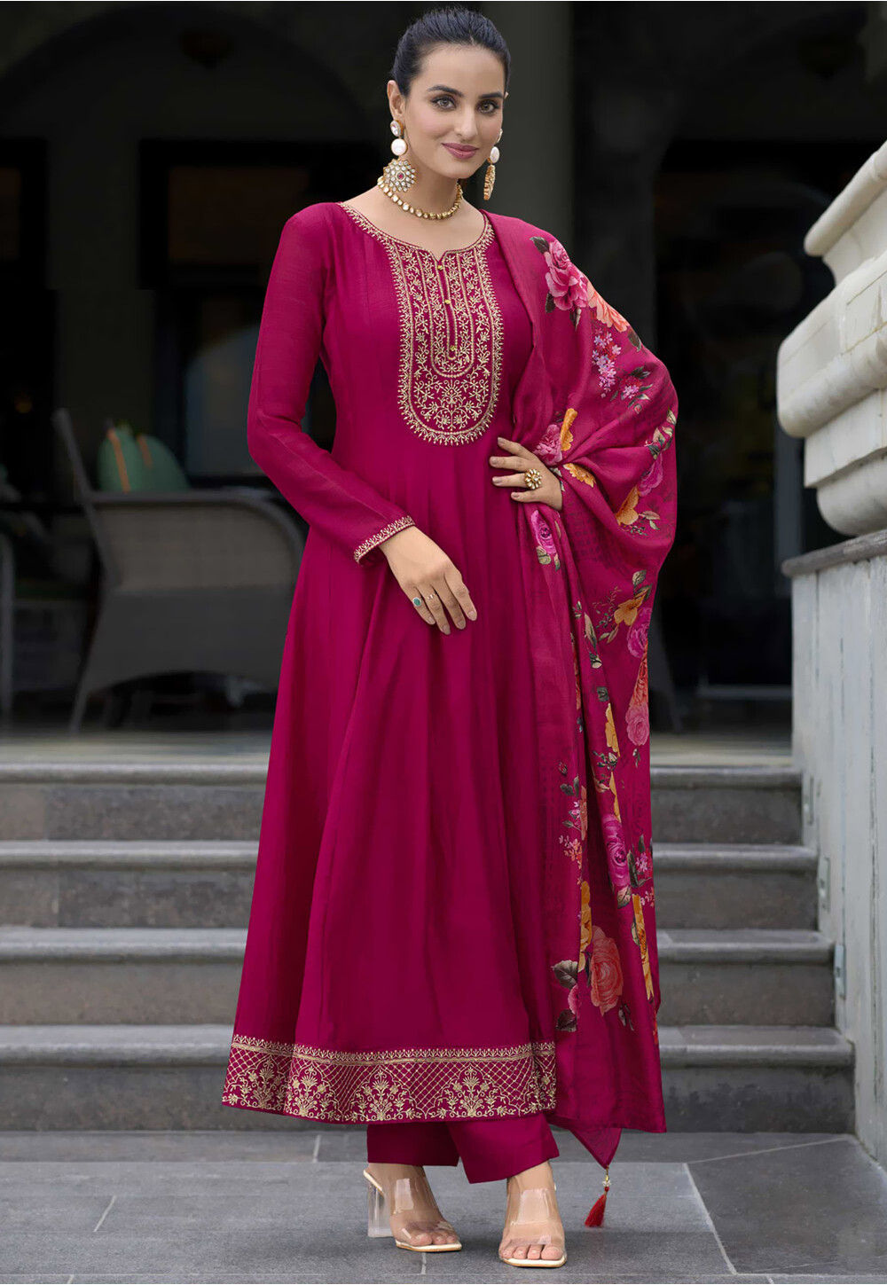 Women Pink Chinon Silk Embroidered Designer Anarkali Suit