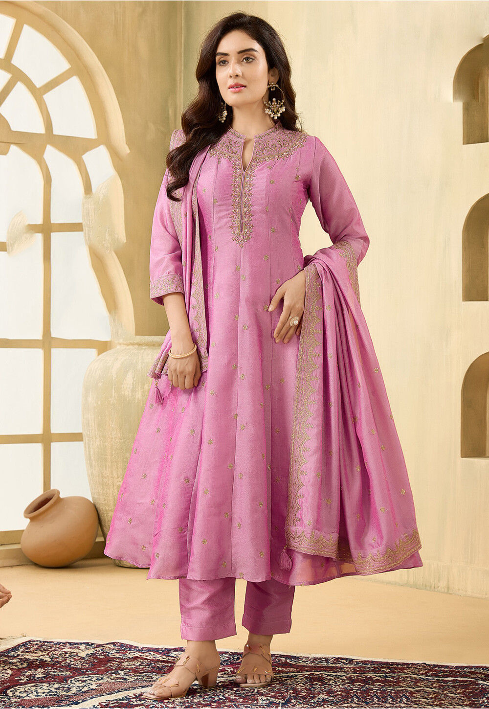 Buy Embroidered Art Silk Anarkali Suit in Pink Online : KRD1325 - Utsav ...