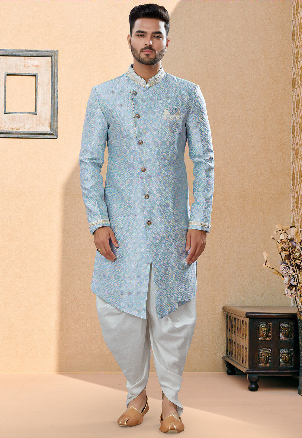 Embroidered Art Silk Asymmetric Dhoti Sherwani in Sky Blue MUX864
