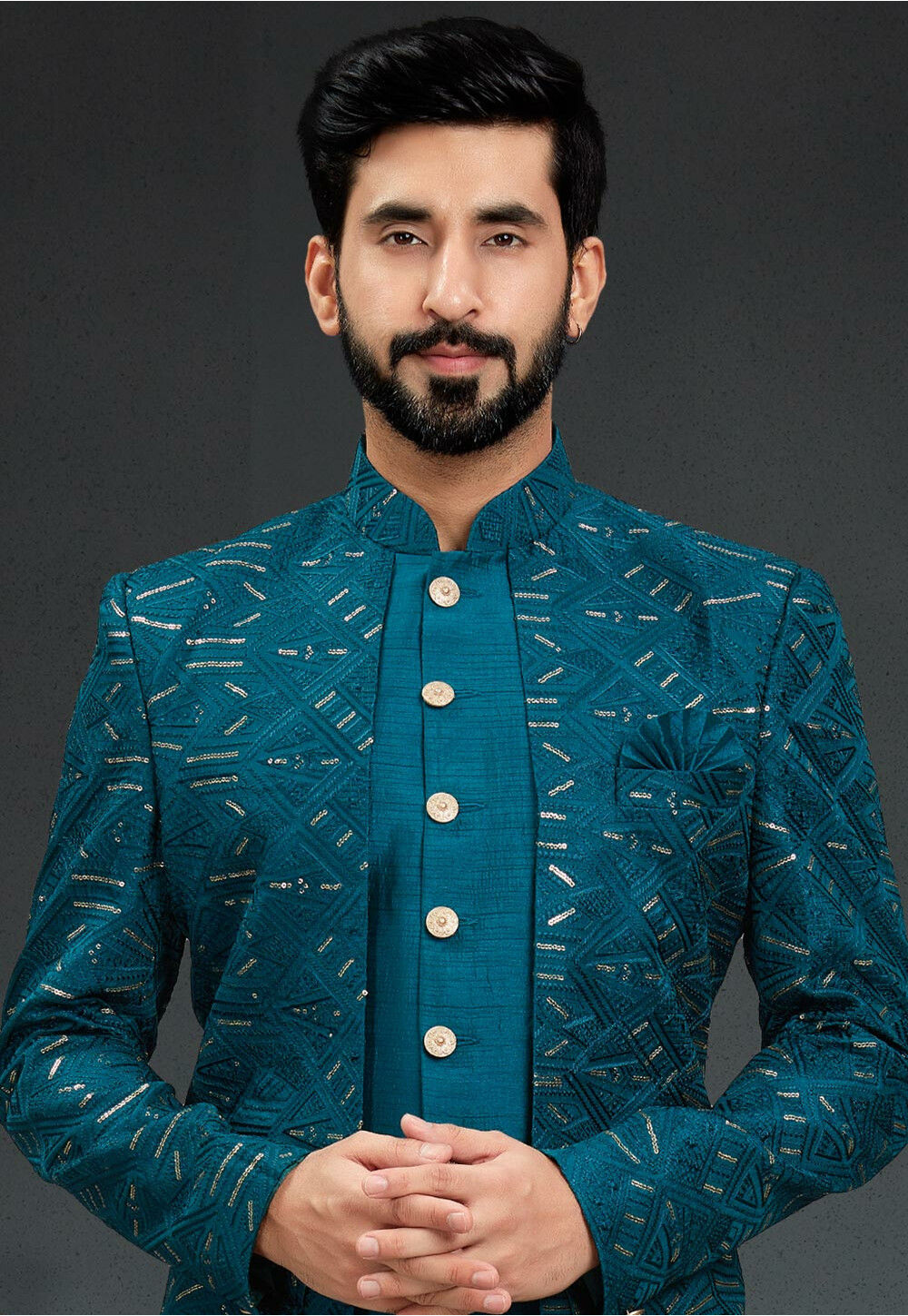 Embroidered Art Silk Asymmetric Sherwani in Teal Blue : MMQ1170