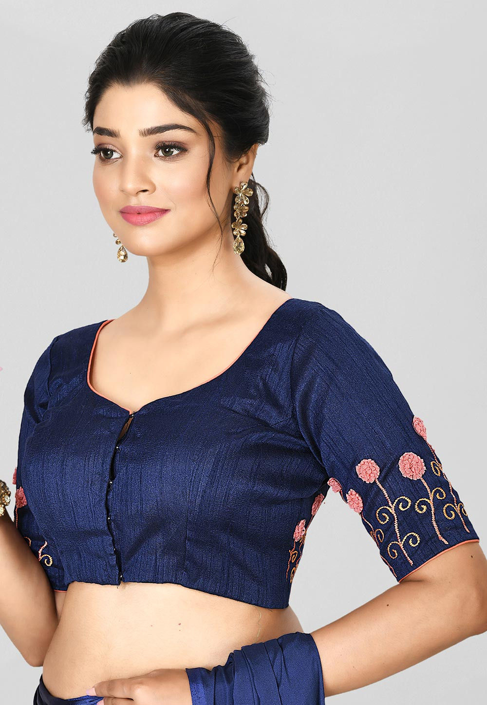 Embroidered Art Silk Blouse in Navy Blue : UZN69