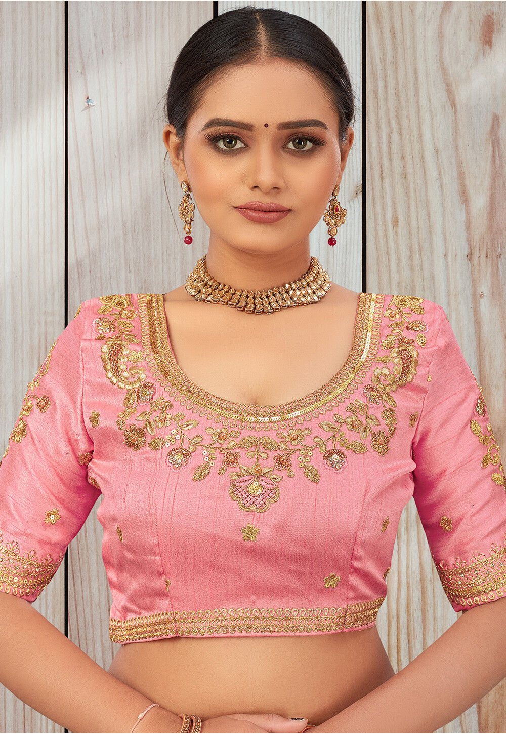 Embroidered Art Silk Blouse in Pink : UES52