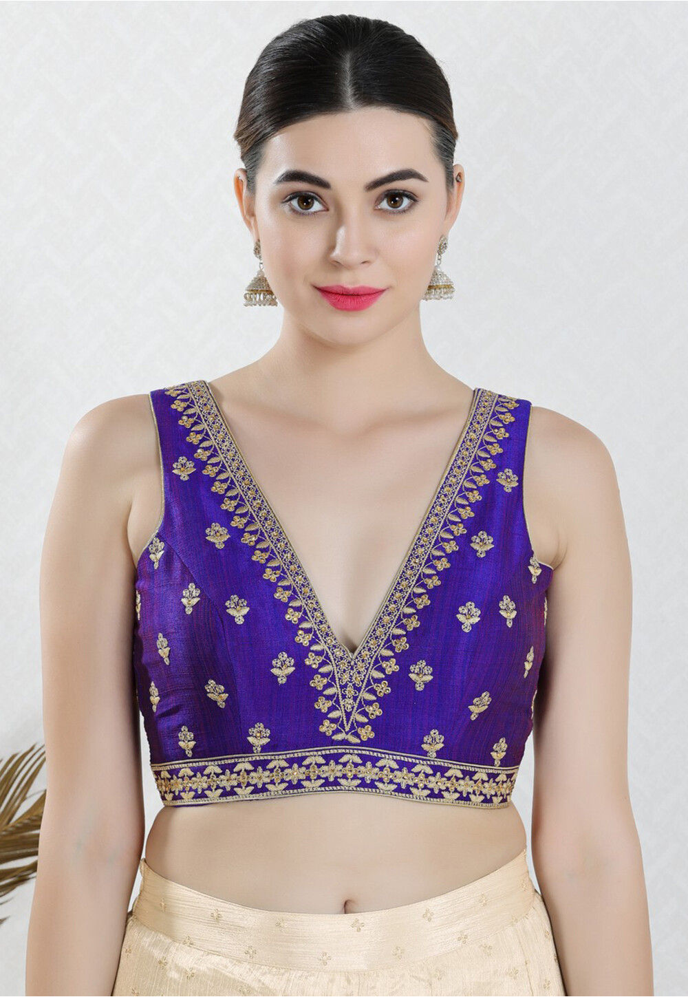 Embroidered Choli Cut Purple Cotton Silk Half Sleeve Blouse