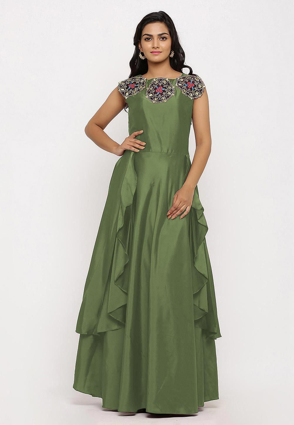 Buy Embroidered Art Silk Cascade Pleated Gown in Dusty Green Online ...