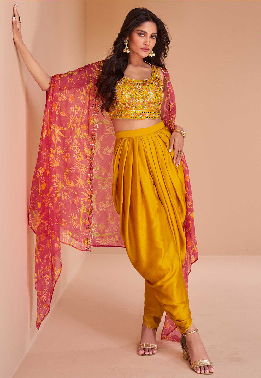 Embroidered Art Silk Crop Top Set with Jacket in Mustard Top