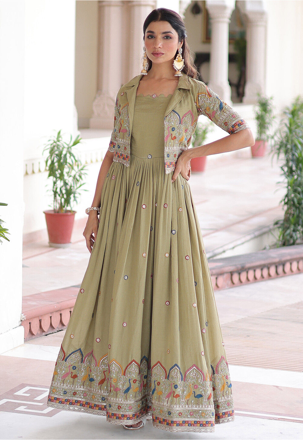 Buy Embroidered Art Silk Dress in Dusty Green Online : TWJ5923 - Utsav  Fashion
