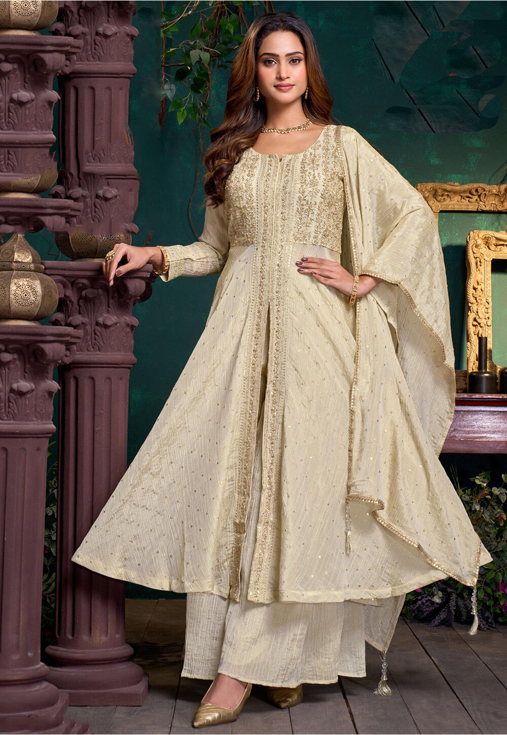 knee length dresses for ladies Pakistani Open Style Long Maxi in Gray Color – Nameera by Farooq main image 1