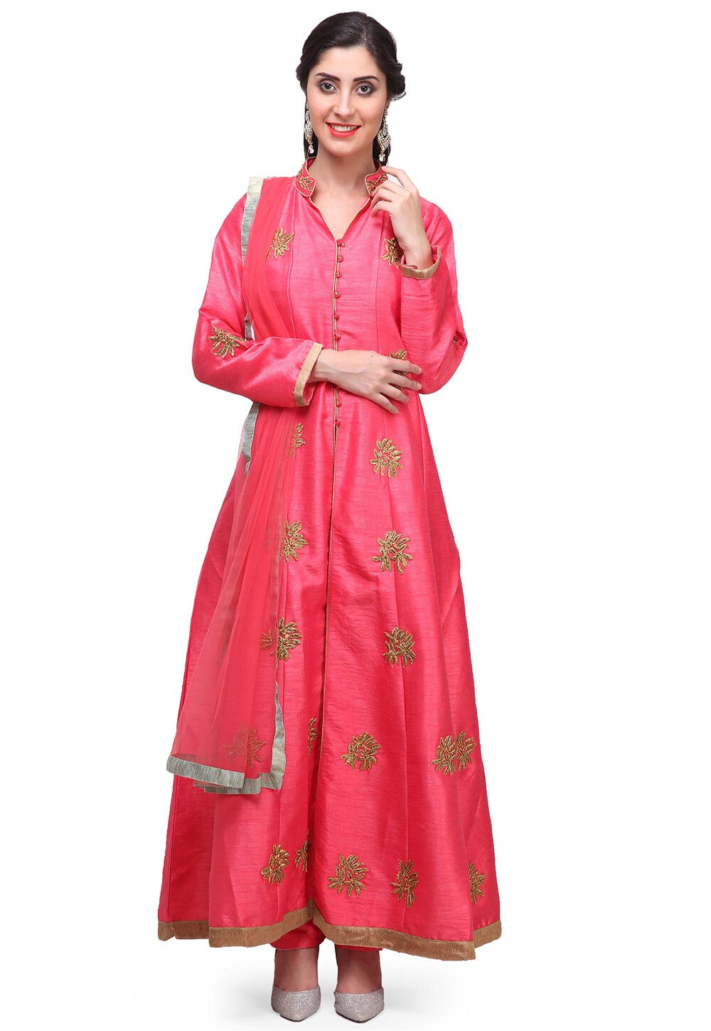 Buy Embroidered Art Silk Front Slit Anarkali Suit in Fuchsia Online ...