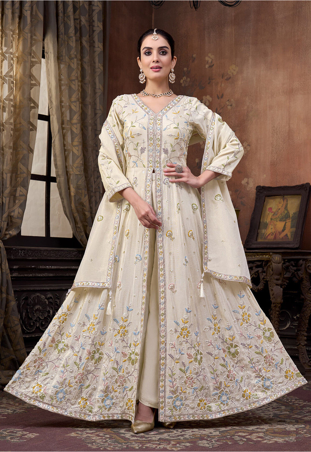 Buy Embroidered Art Silk Front Slit Pakistani Suit in Cream Online :  KRD1745 - Utsav Fashion