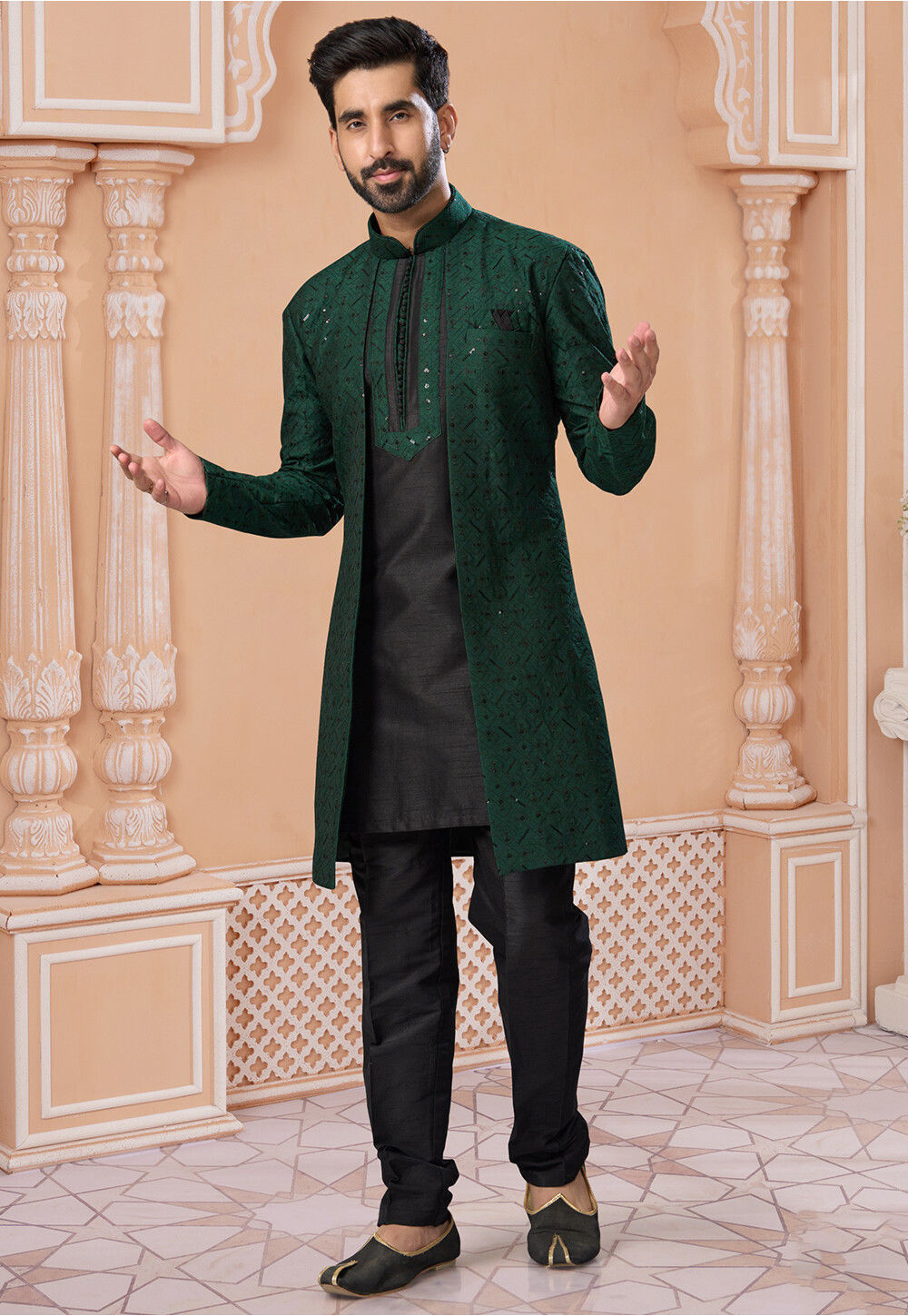 Buy Embroidered Art Silk Jacket Style Sherwani in Green and Black