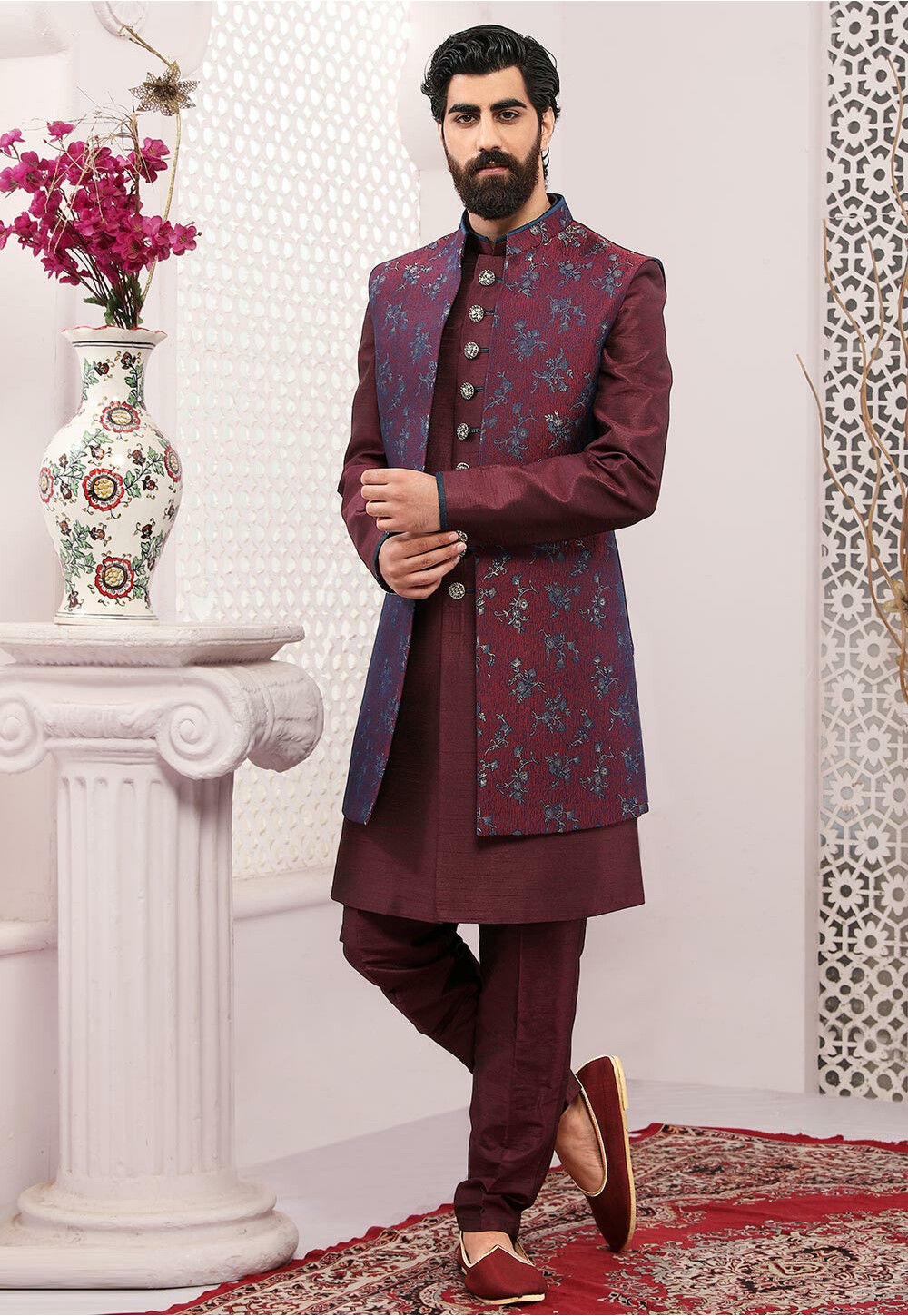 Embroidered Art Silk Jacket Style Sherwani in Maroon : MGV1463