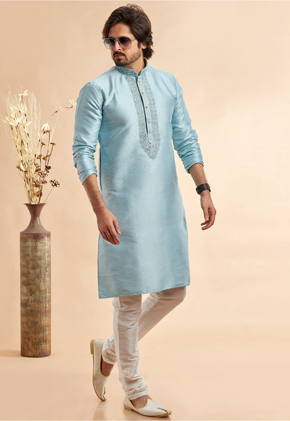 Embroidered Black Art Silk Jacquard Kurta Set - Rent main image 1