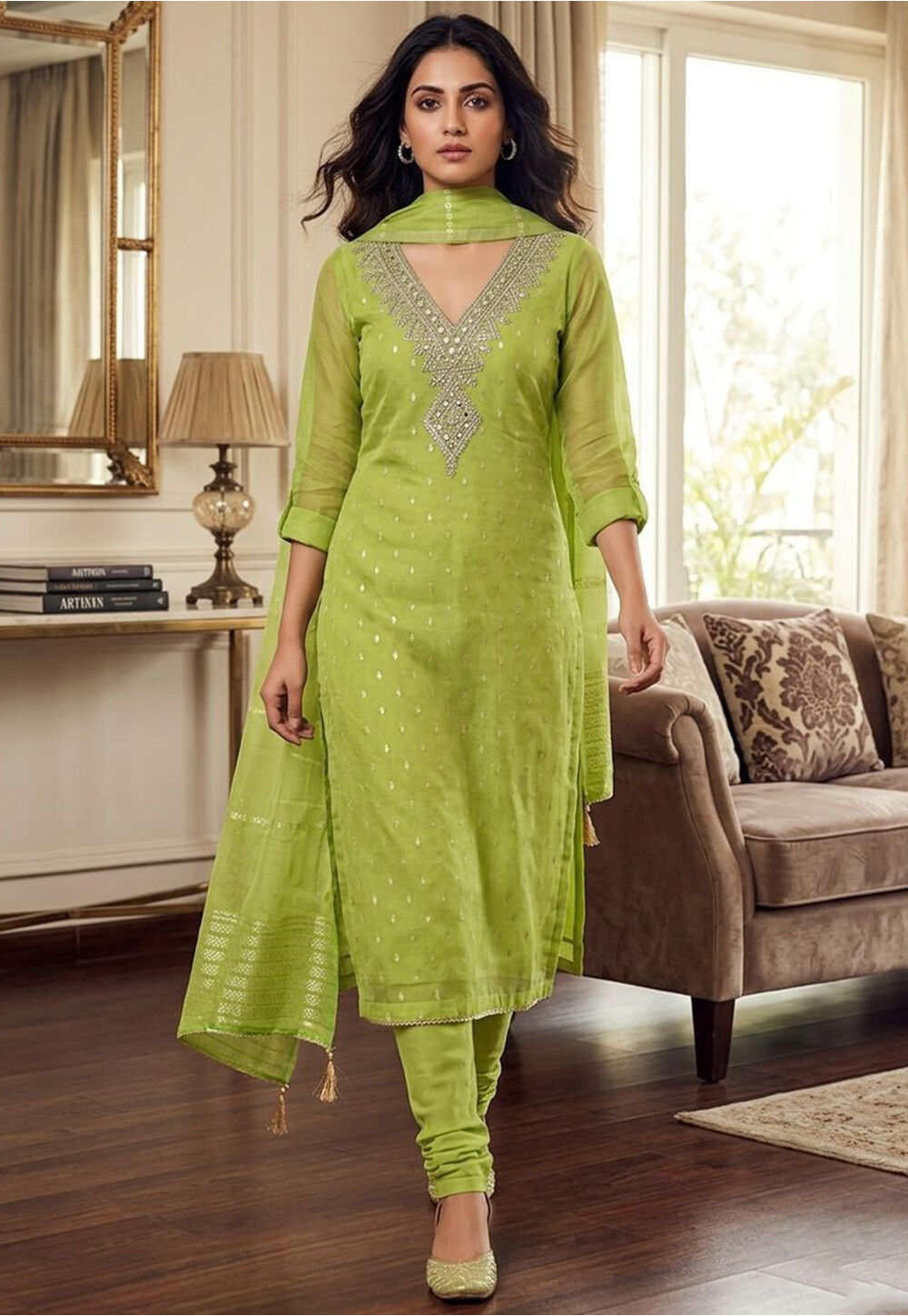 Embroidered Art Silk Jacquard Pakistani Suit in Light Green