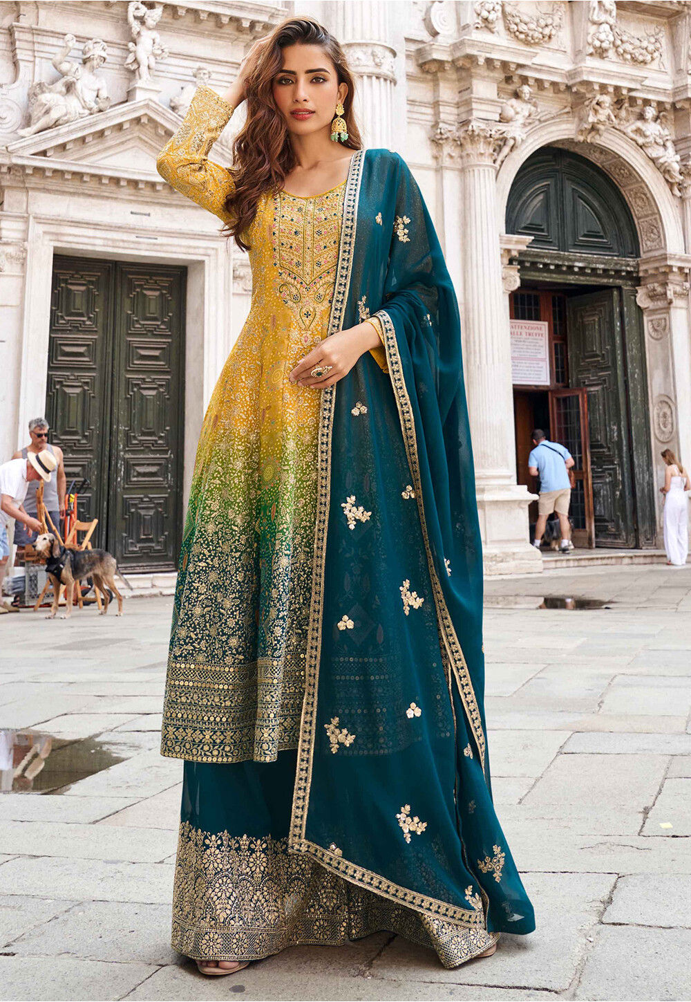 Buy Embroidered Art Silk Jacquard Pakistani Suit in Mustard and Teal Blue Online : KCH15354