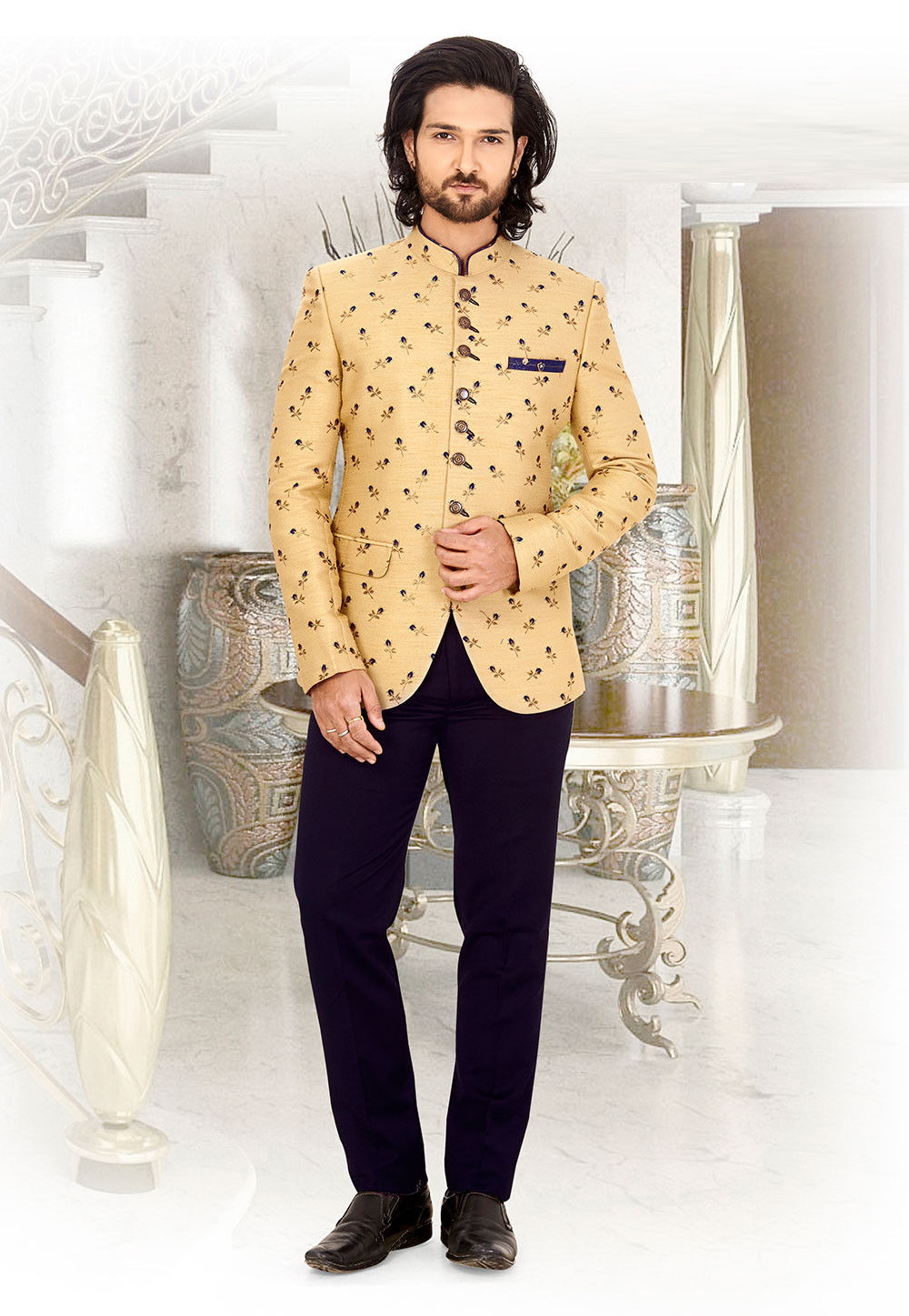 embroidered art silk jodhpuri suit in beige v1 mhg1097 3