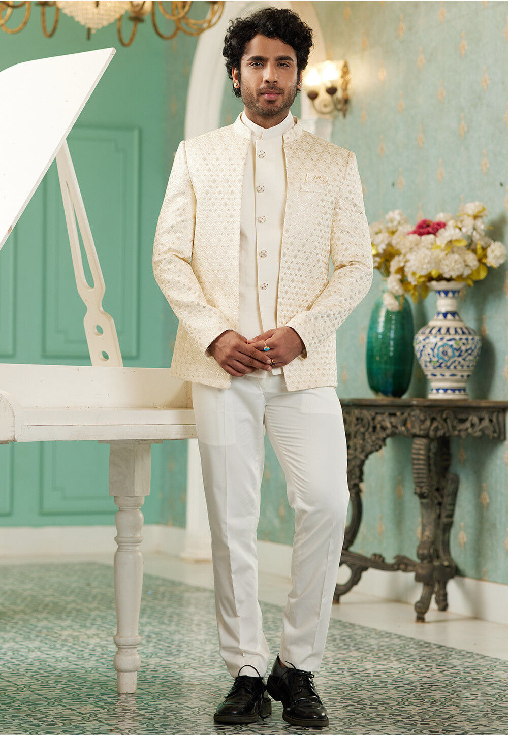 Pretty Linen Fabric Wedding Wear Readymade Men Indo Western In Cream Color  Embroidered Work